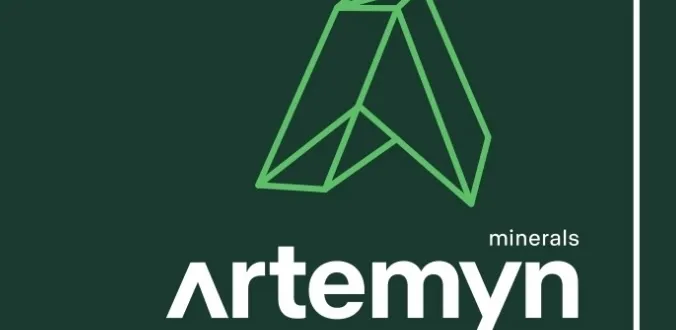 Logo on dark green background with geometric "A" design in green above the text "Artemyn minerals" in white. Vertical line on the right side.