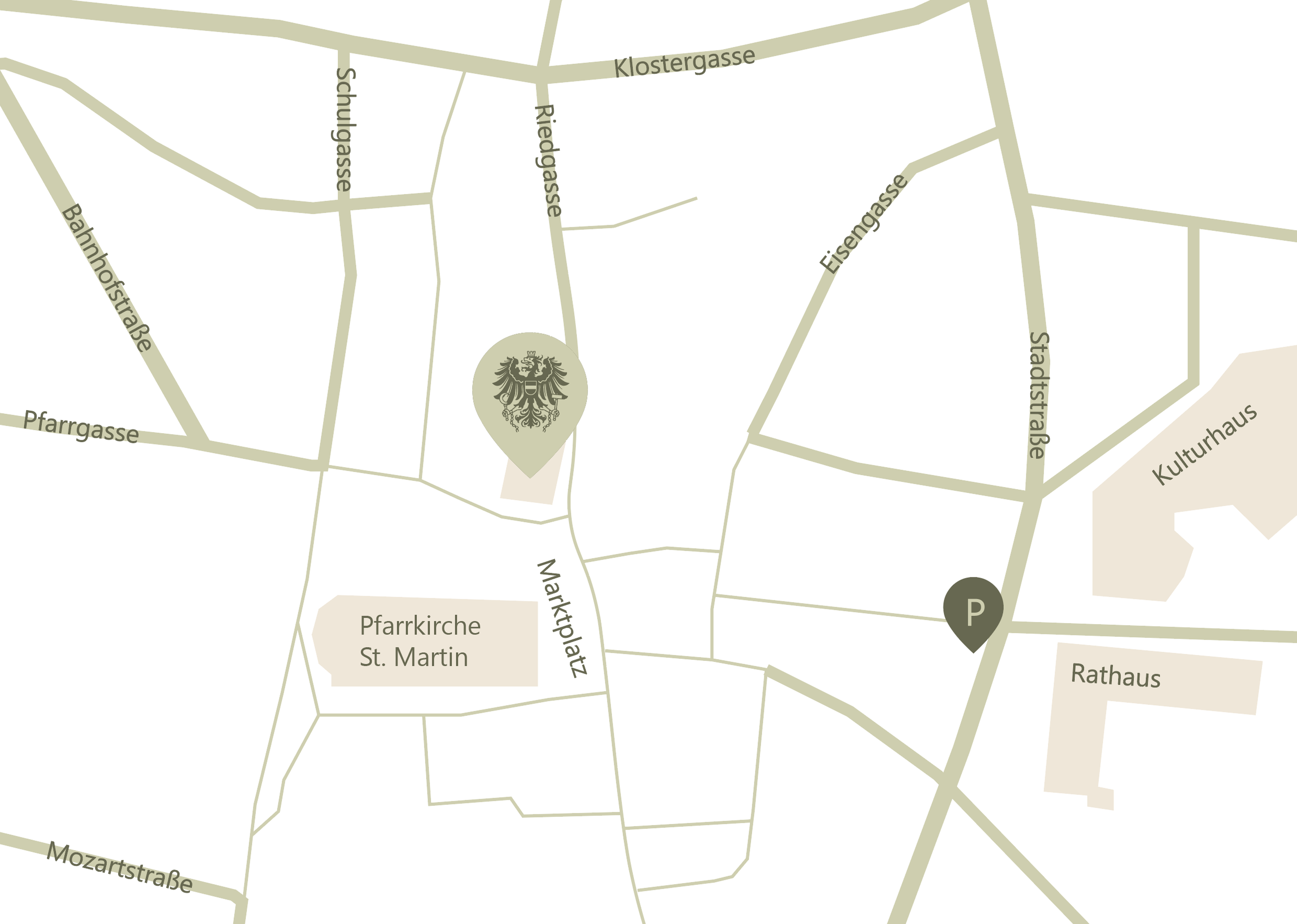 Karte mit einem Stadtzentrum mit beschrifteten Straßen, auf der ein hervorgehobenes Emblem in der Nähe der Pfarrkirche St. Martin und ein „P“ in der Nähe des Rathauses zu sehen sind.