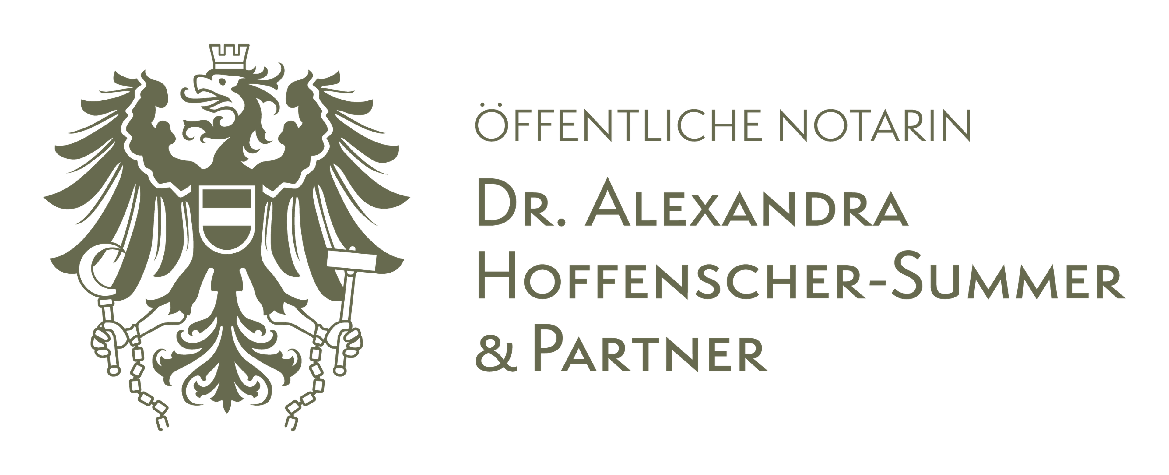 Logo von Dr. Alexandra Hoffenscher-Summer & Partner, mit einem stilisierten Adler, der eine Waage hält, Text in deutscher Sprache.