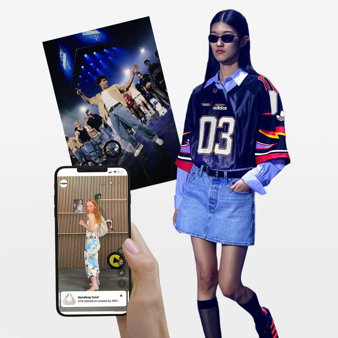 Person in sunglasses wearing a sporty outfit, with a phone displaying a fashion app and a poster of a concert in the background.