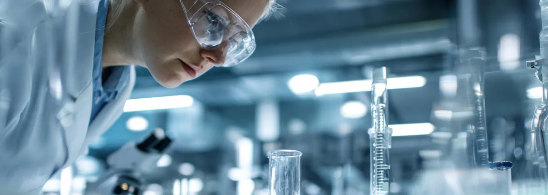 Scientist in safety goggles examines glassware in a lab, surrounded by beakers and microscopes, with a blurred background of equipment.