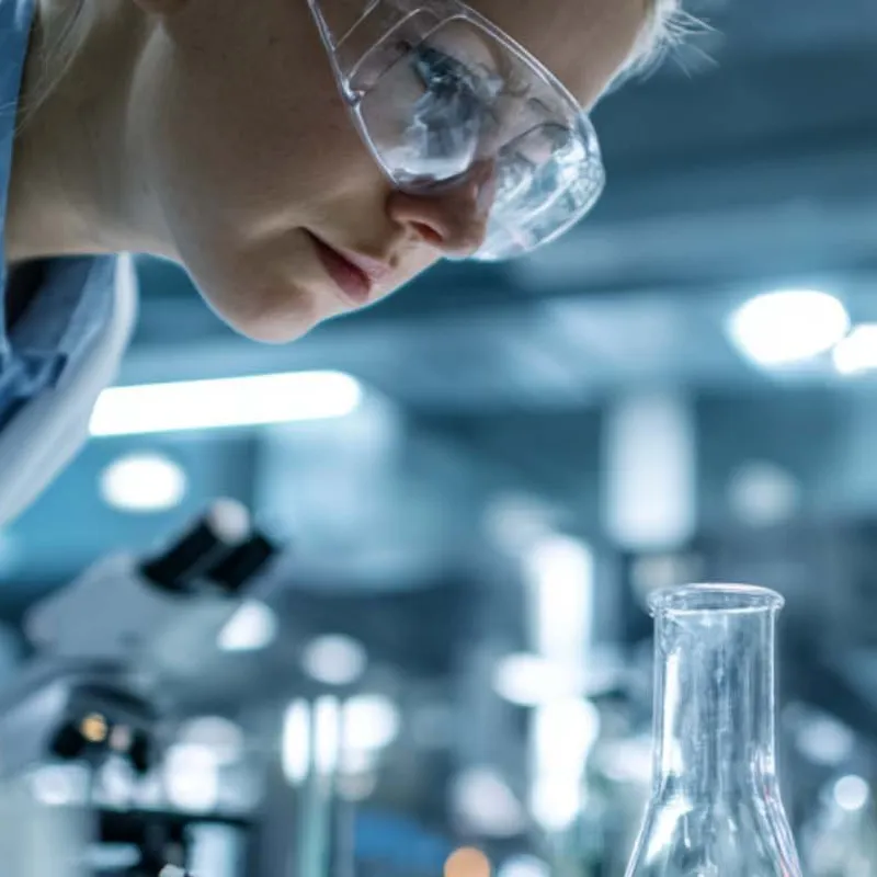 Scientist in safety goggles examines glassware in a lab, surrounded by beakers and microscopes, with a blurred background of equipment.