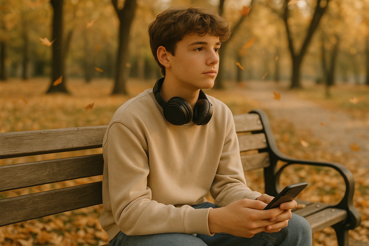 Jugendlicher mit Smartphone auf einer Parkbank im Herbst