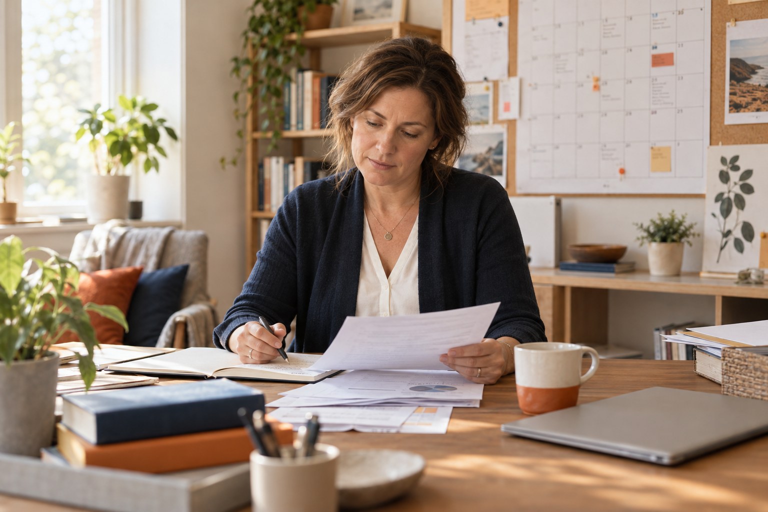 Frau plant am Schreibtisch mit Wandkalender