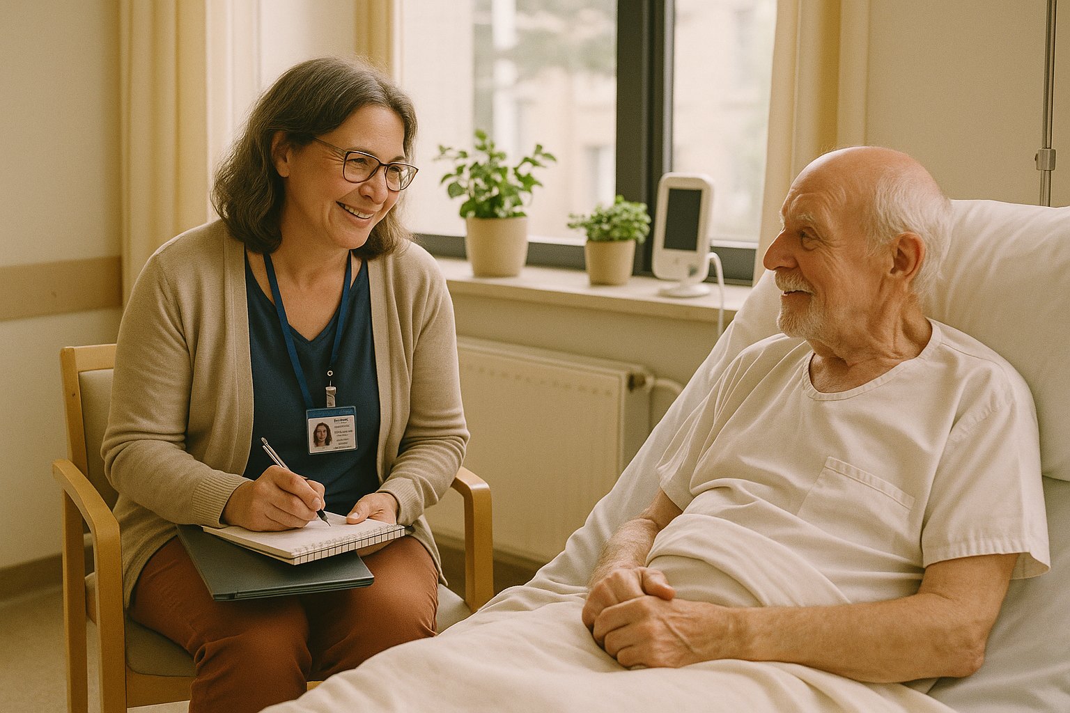 Sozialdienst im Gespräch mit einem älteren Patienten