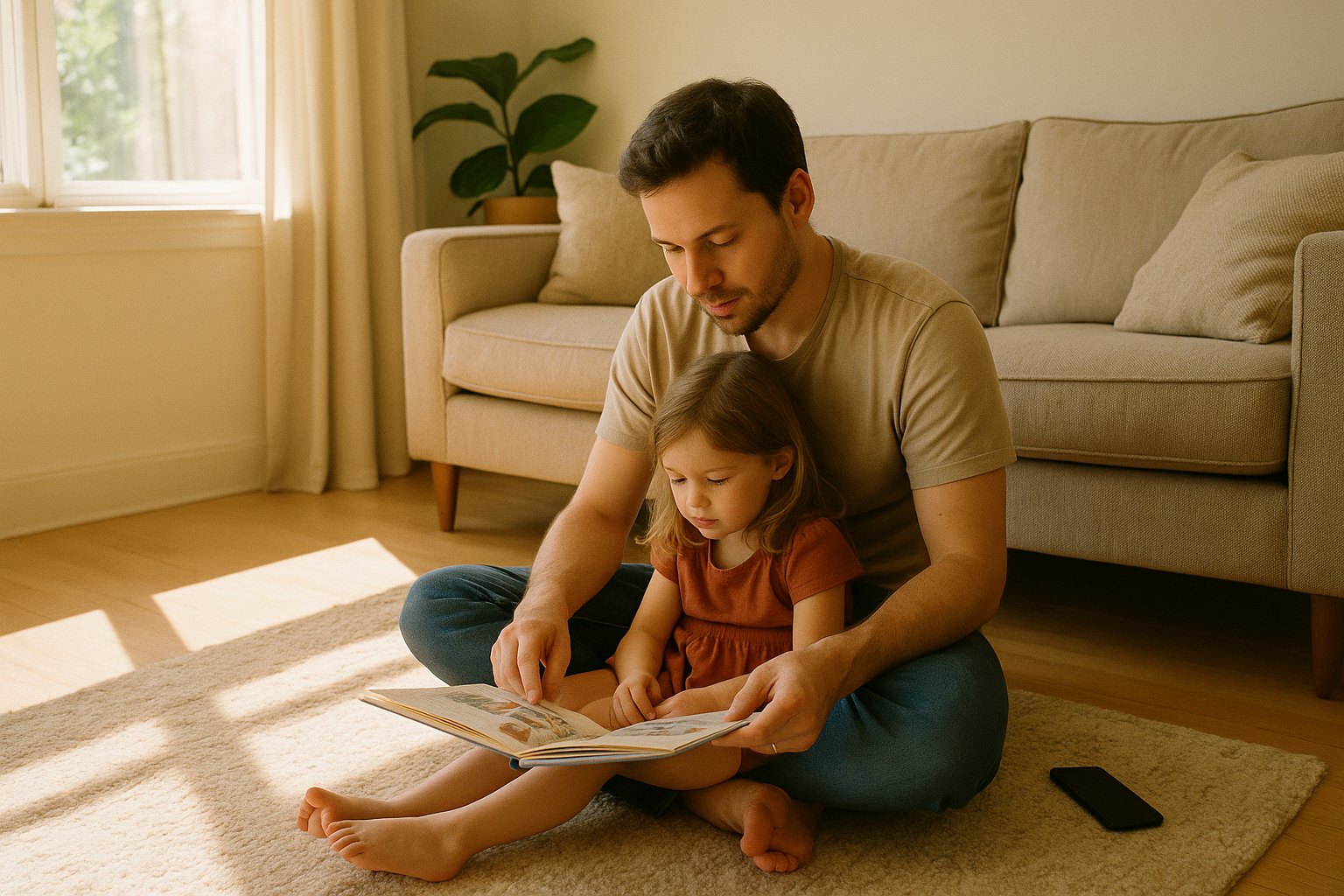Vater und Tochter lesen gemeinsam ein Bilderbuch