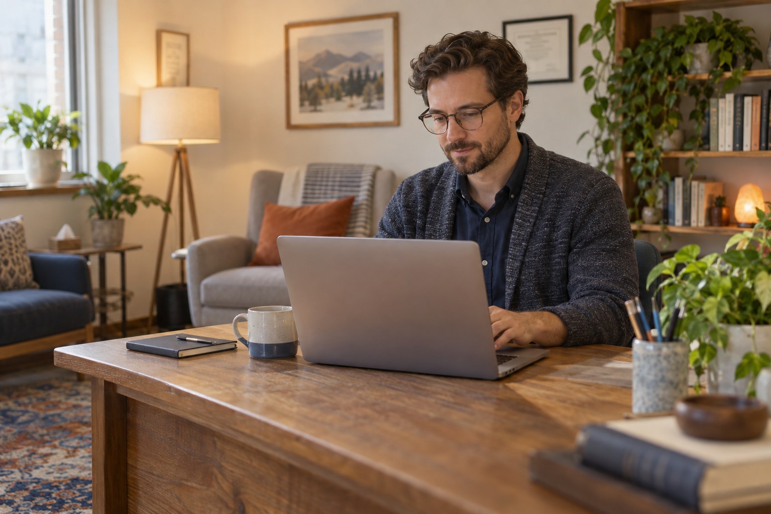 Berater schreibt am Laptop