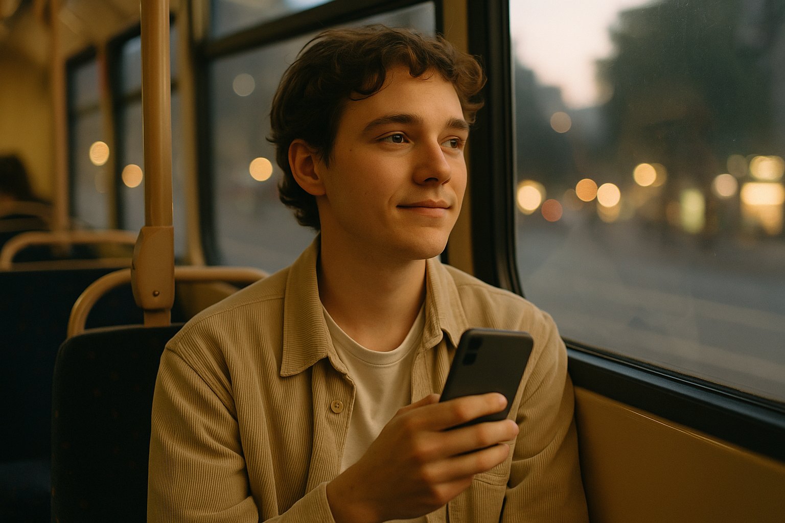 Junge Person im Bus am Abend mit dem Smartphone in der Hand