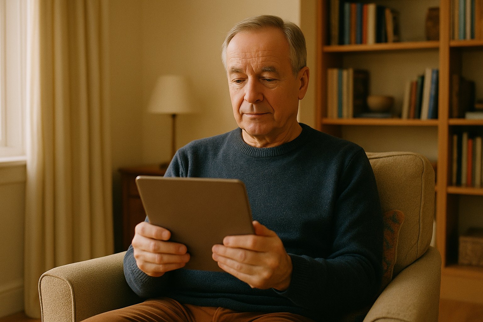 Älterer Mann im Sessel mit Tablet