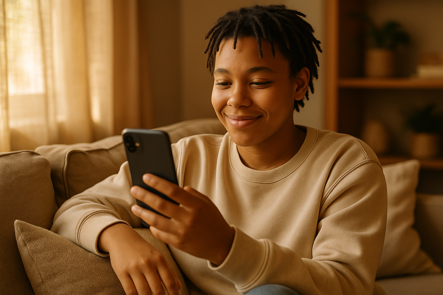 Junge Person nutzt Smartphone für Online-Beratung von zuhause