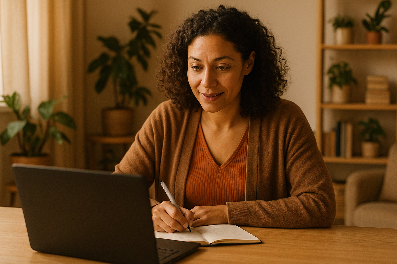 Beraterin macht Notizen während einer Online-Beratungssitzung am Laptop