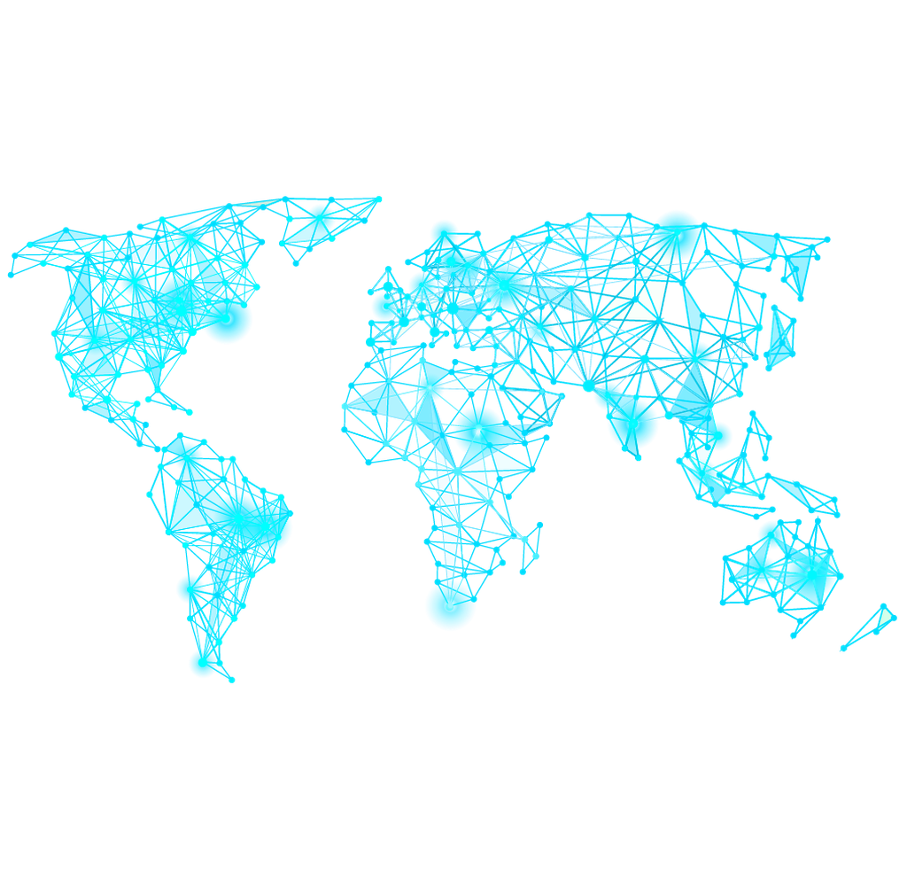 Abstract digital world map in cyan, composed of interconnected geometric lines and spheres.