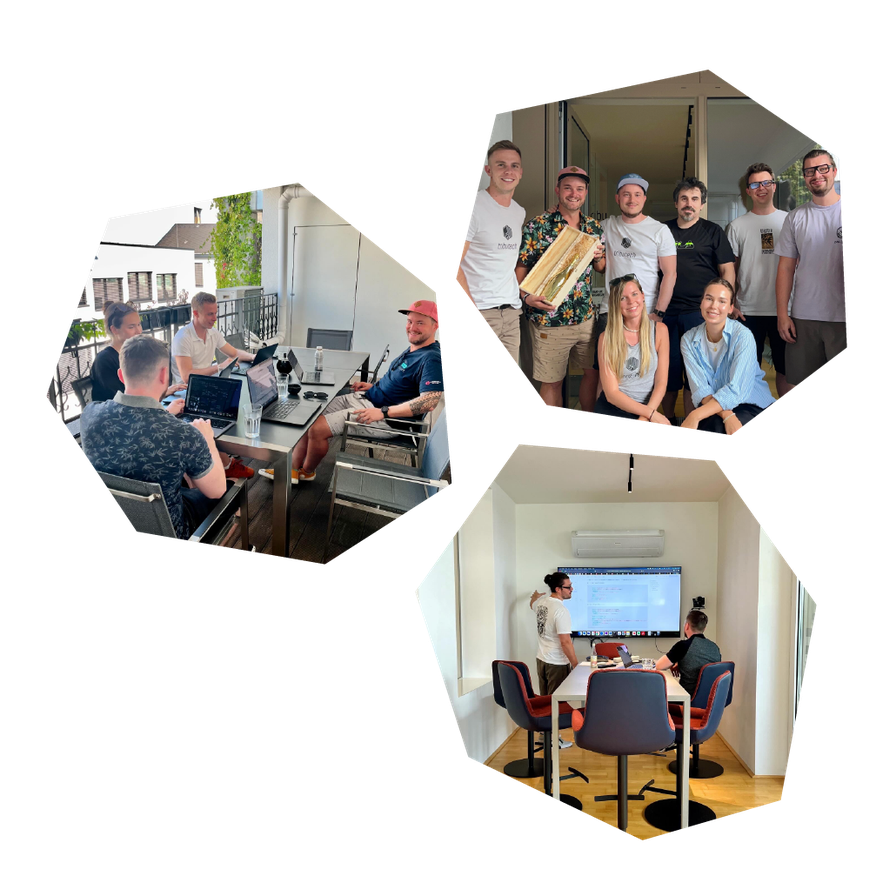 Three hexagonal photos: group having a meeting on the terrace, team posing indoors, and colleagues in a conference room with a screen.