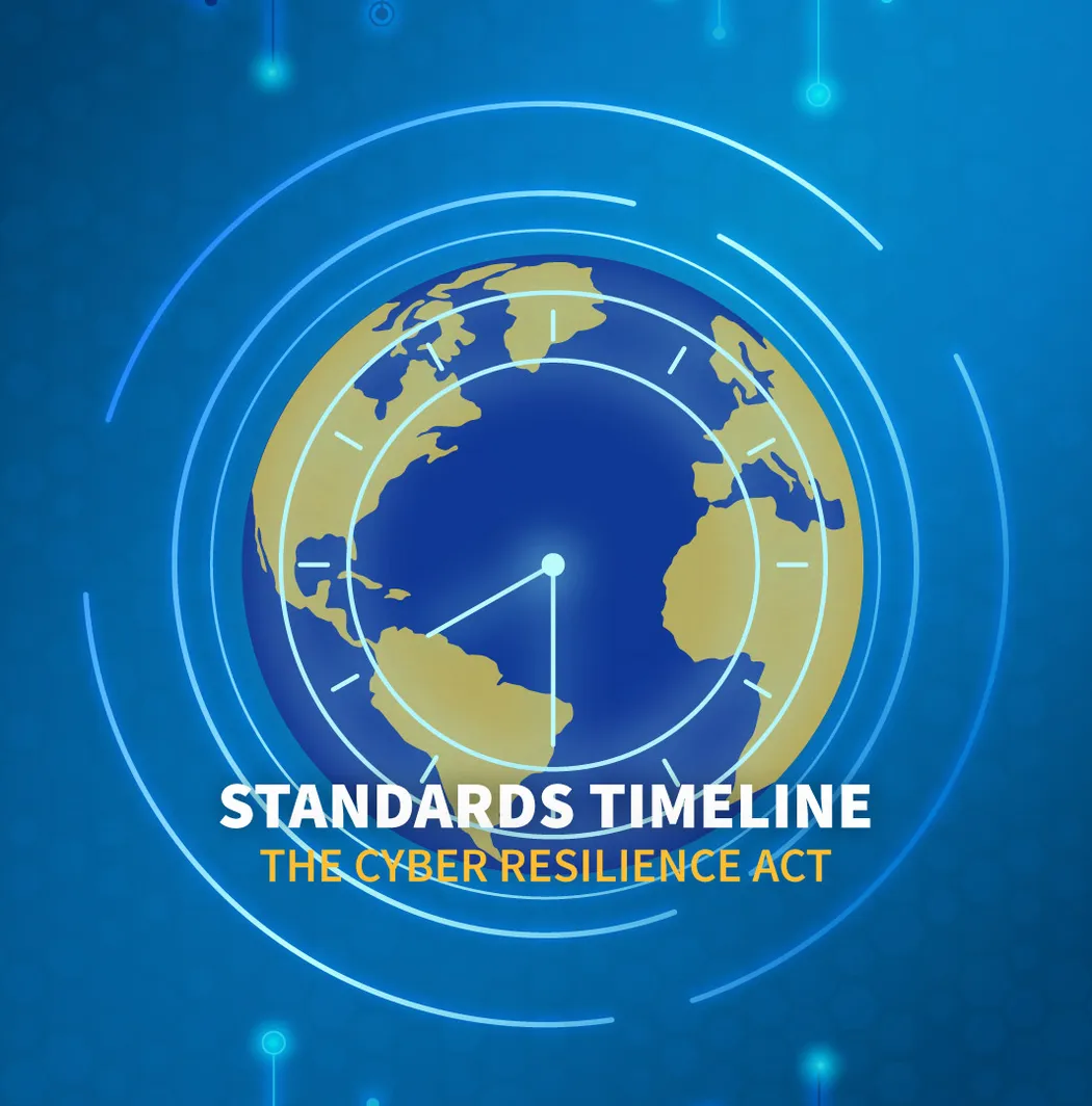 A digital globe with concentric circles on a blue background, featuring text: "Standards Timeline: The Cyber Resilience Act."