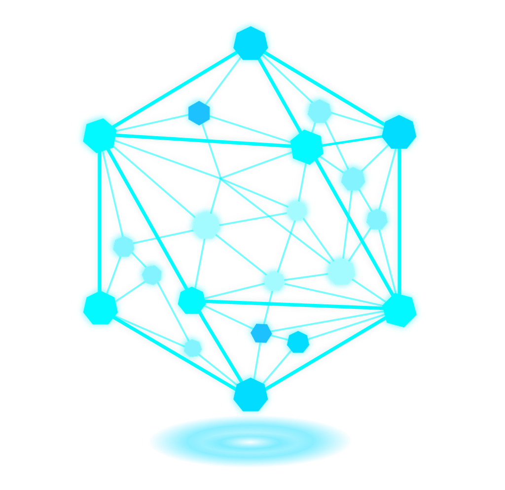 A 3D network diagram with glowing blue nodes connected by lines, forming a complex geometric shape, floating above a lighted circular base.