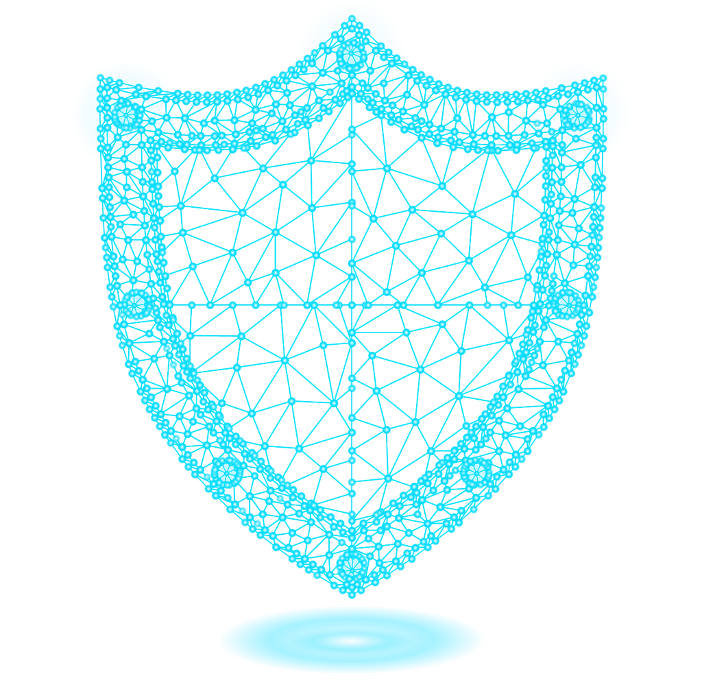 Blue digital shield made of interconnected nodes and lines, symbolizing network security or protection, hovering above a glowing platform.