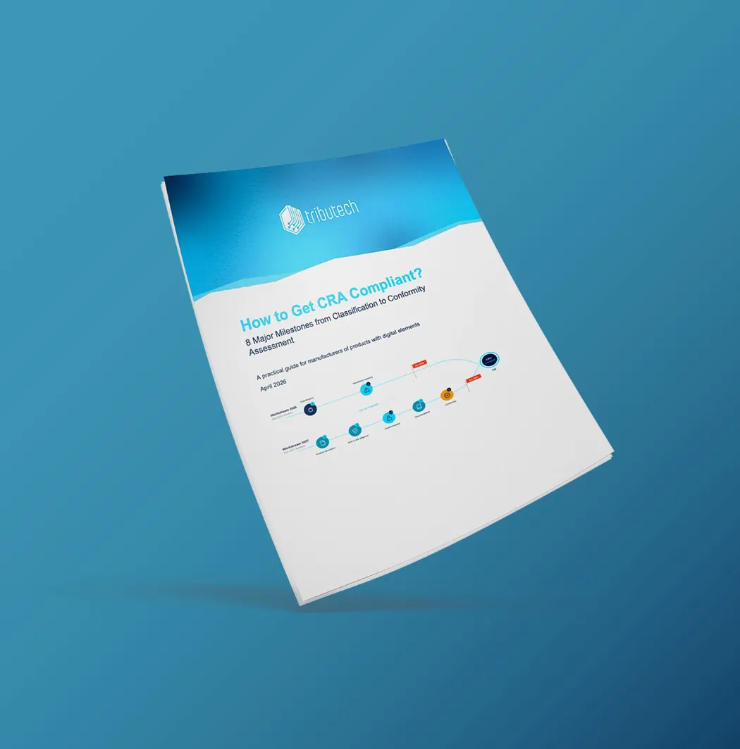 A brochure titled "How to Get CRA Compliant?" with a blue cover and flowchart, by a company named tribu tech, on a blue gradient background.