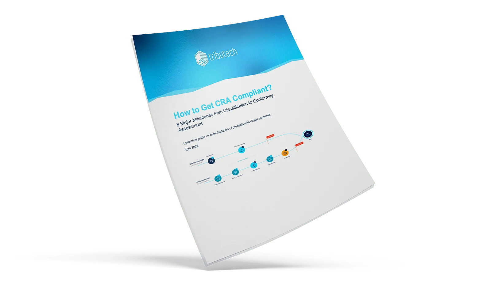 White paper titled "How to Get CRA Compliant?" by Tributech, discussing 8 milestones for digital product manufacturers.