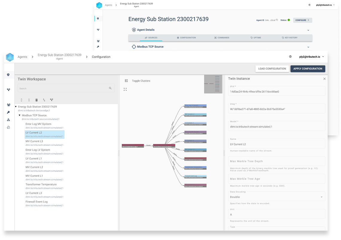 Dashboard of an energy substation interface showing configuration settings, data streams, and a diagram of data connections.