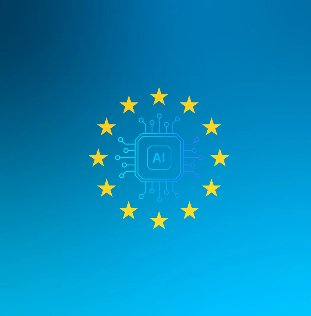 A digital chip with "AI" surrounded by European Union stars on a blue gradient background.