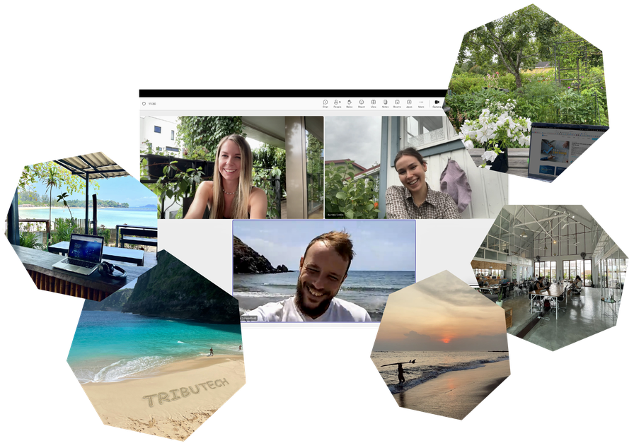 Video call with three people smiling, surrounded by beach, garden, and workspace images. "TRIBUTECH" written on sand.