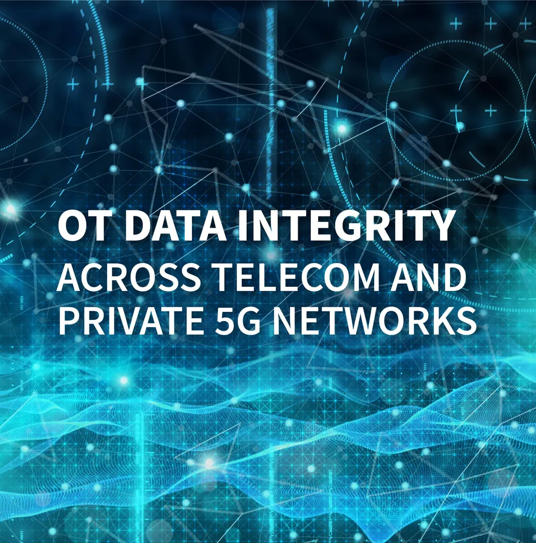 Abstract digital background with text "OT Data Integrity Across Telecom and Private 5G Networks" overlaid, featuring light blue network graphics.