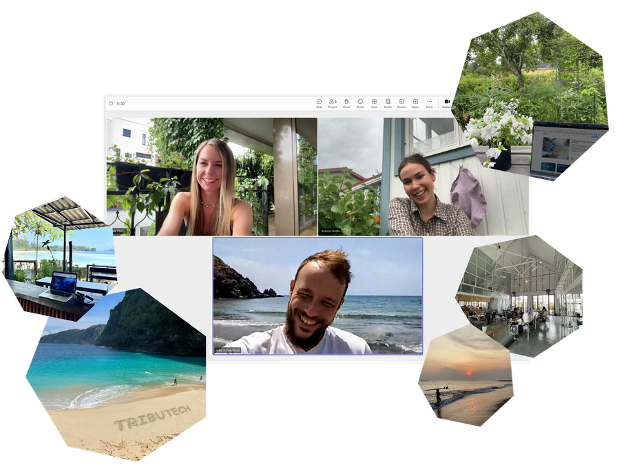 A collage of people in a virtual meeting with backgrounds of nature, beaches, and a cafe, showing remote work in diverse locations.