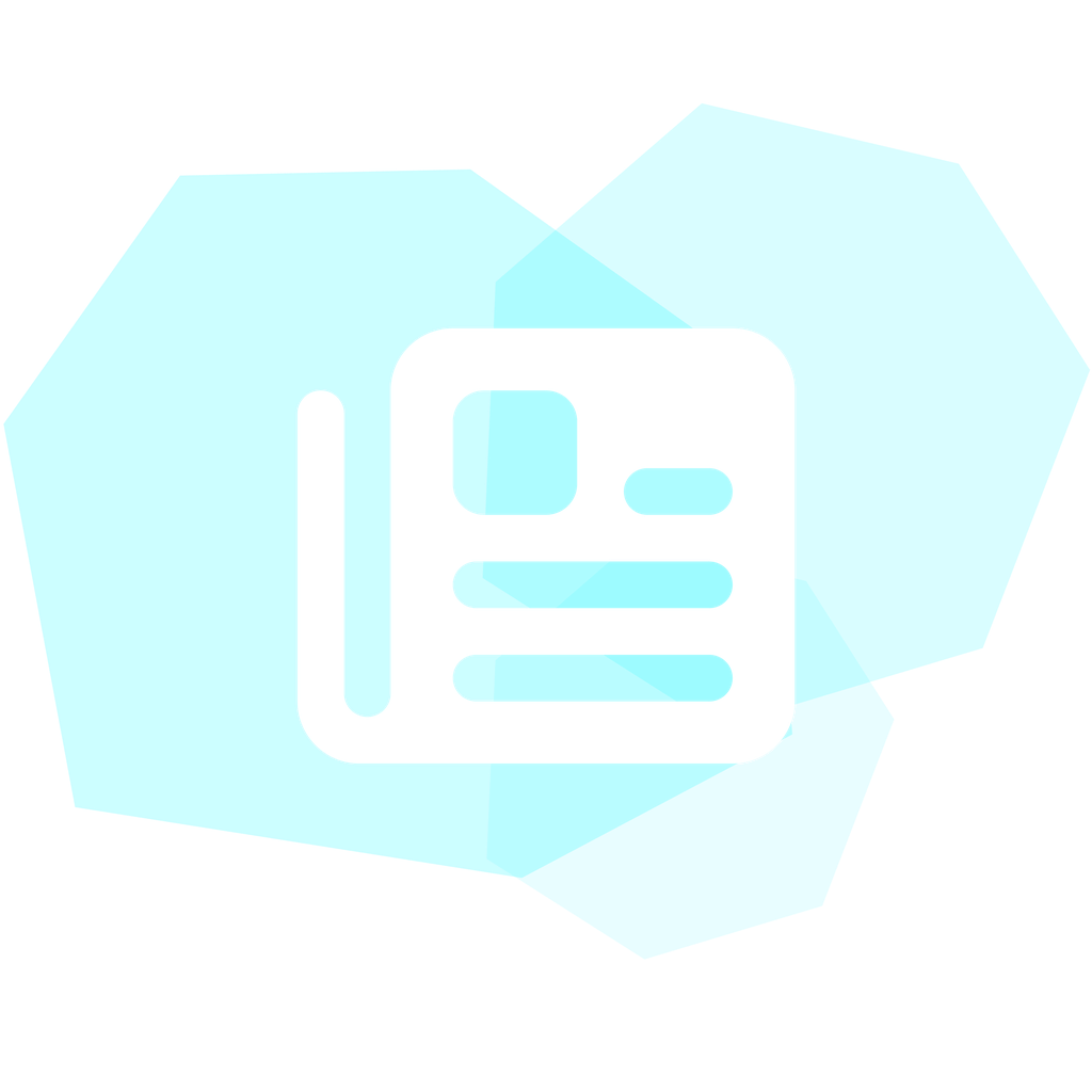 Icon of a white newspaper on a bright aqua geometric background, symbolizing media or news.
