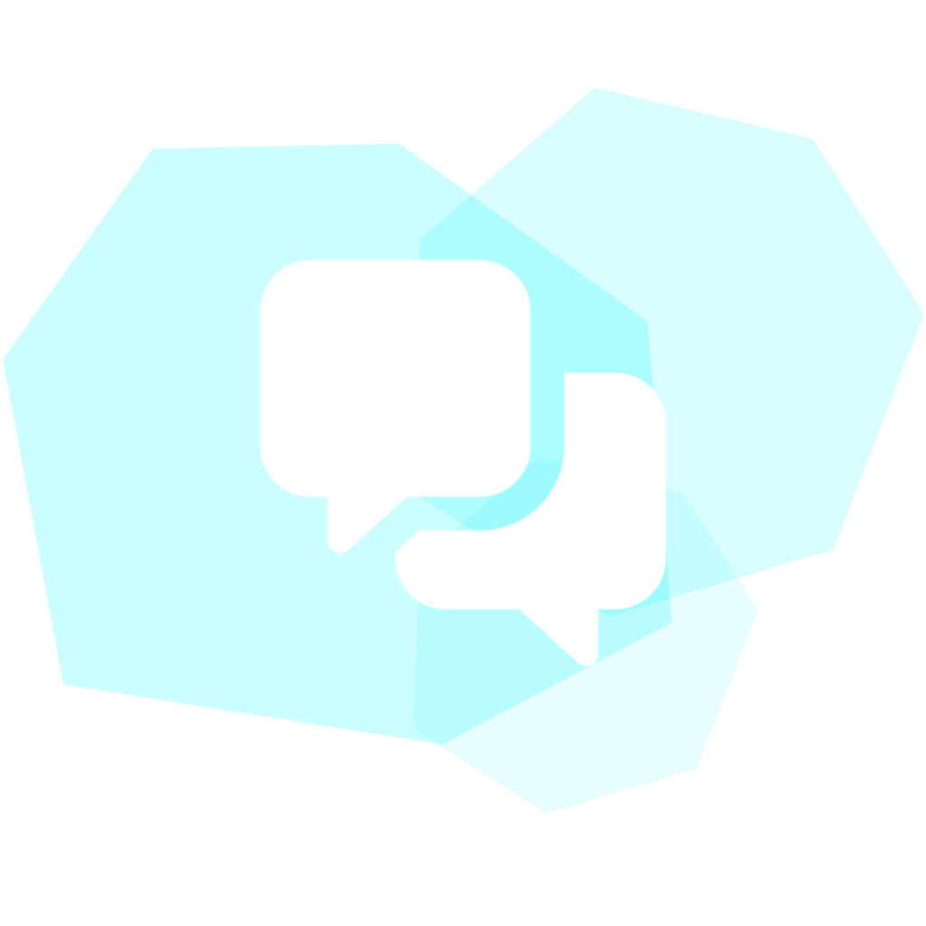 Two overlapping white speech bubbles on a bright turquoise polygonal background.