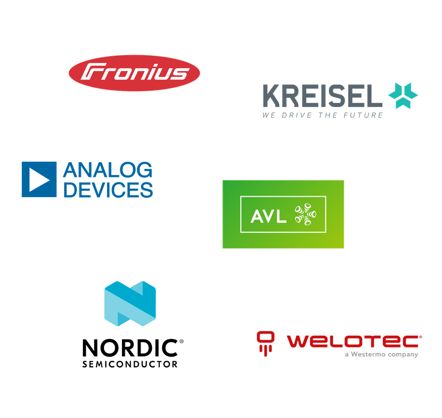 Logos of Fronius, Kreisel, Analog Devices, AVL, Welotec, and an unnamed blue hexagon symbol on a black background.