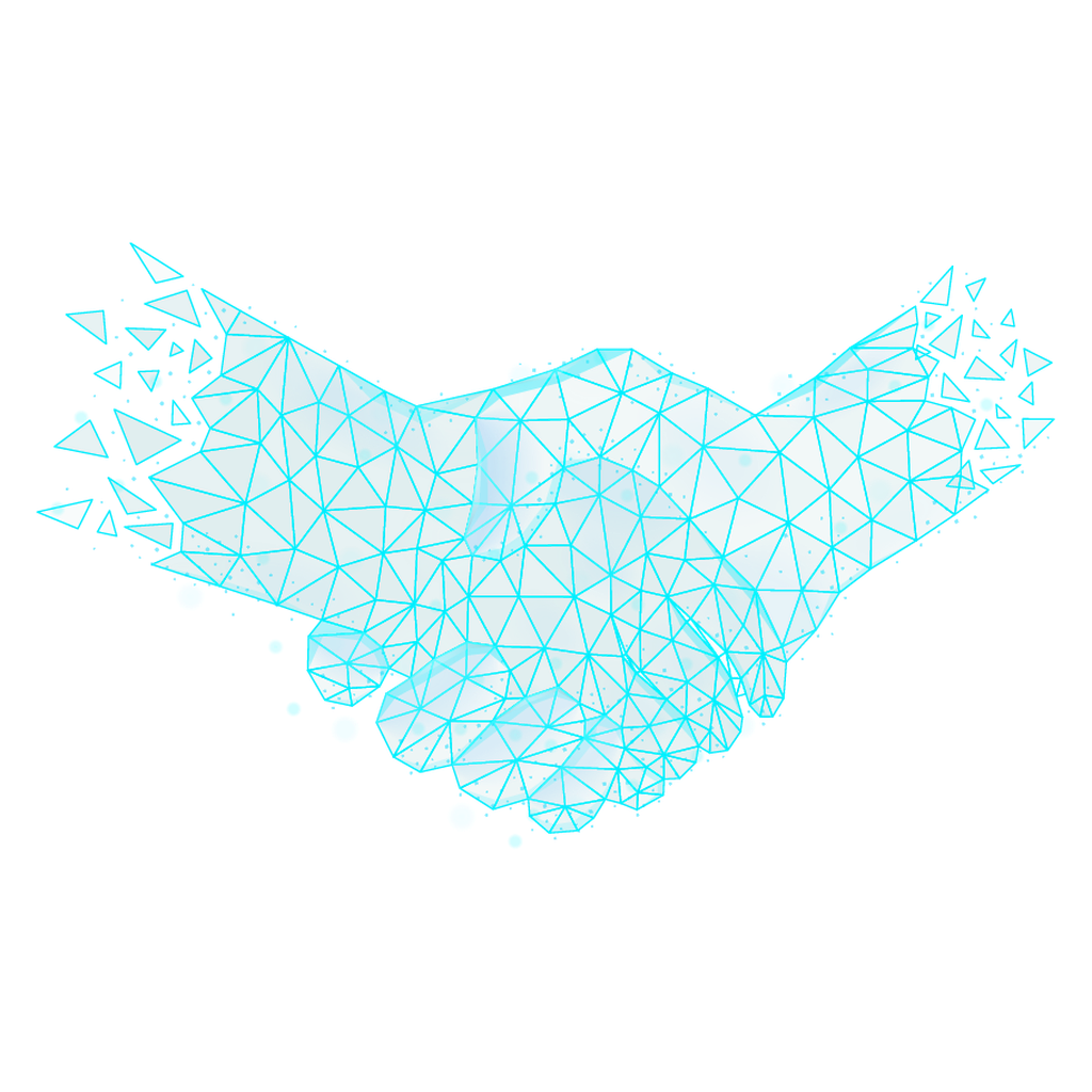 Digital illustration of two polygonal hands shaking, with fragmented geometric patterns flowing from the cuffs, symbolizing connection and collaboration.