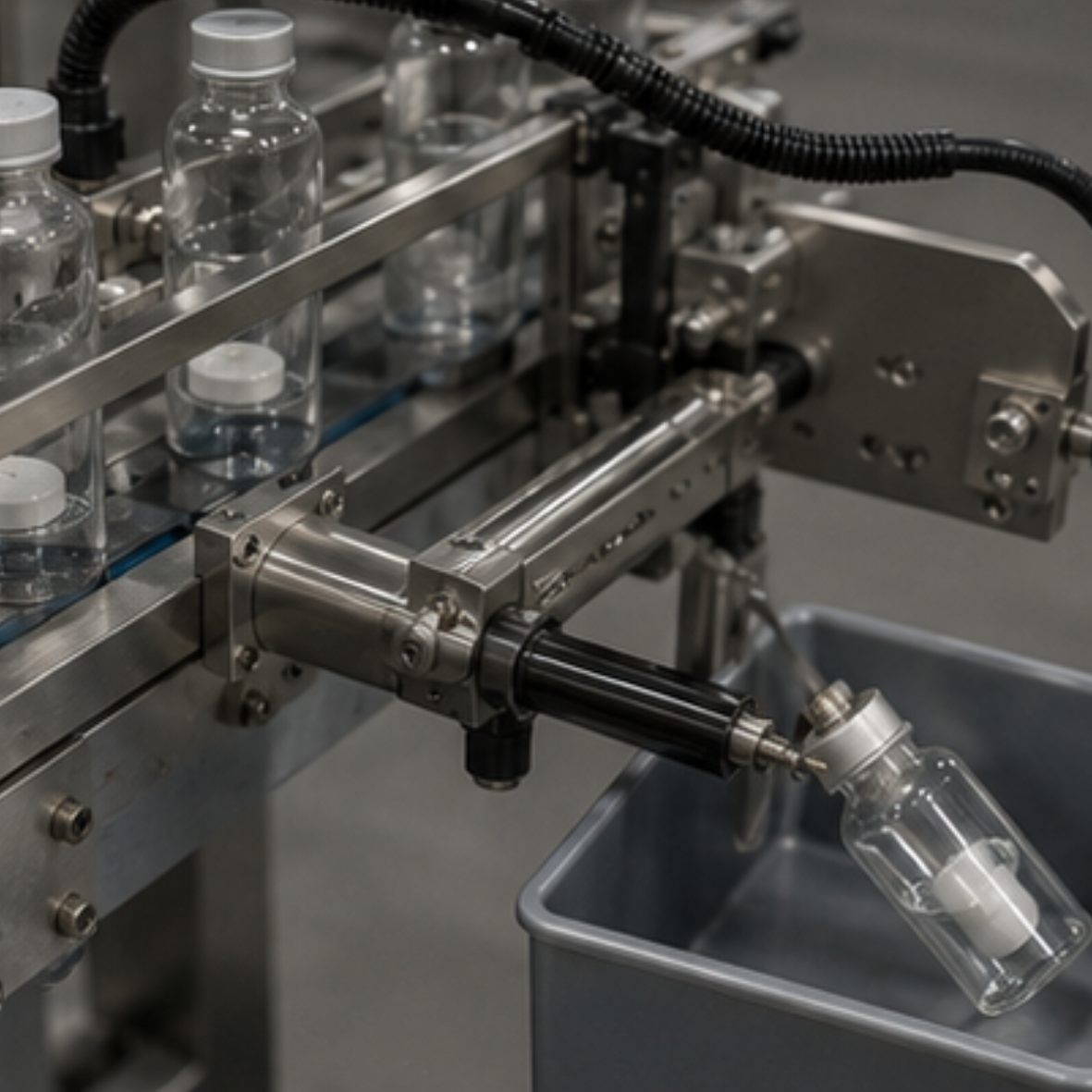 Rechazo automático de productos farmacéuticos no conformes mediante un sistema de inspección integrado en la línea de producción.