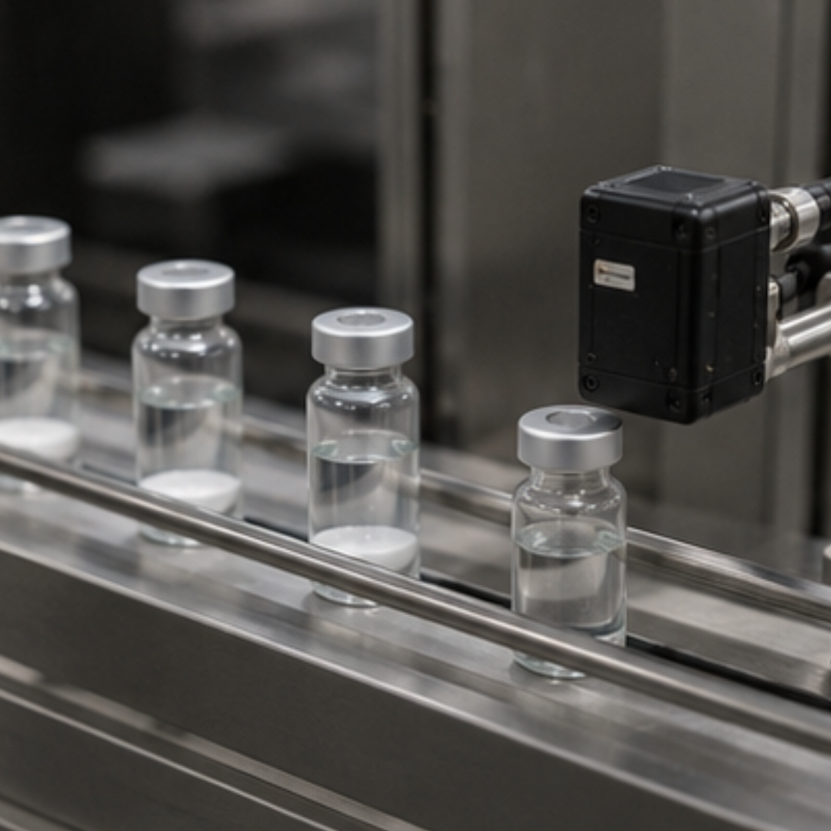Inspección automática del nivel de llenado de viales mediante cámara industrial en una línea farmacéutica.