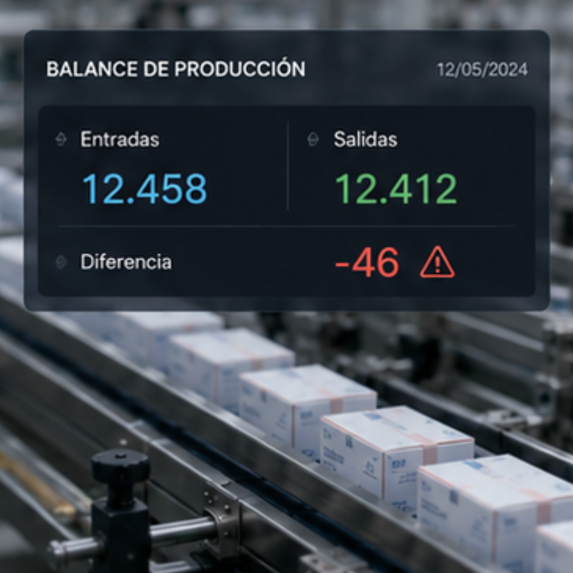 Balance automático de producción comparando entradas y salidas en una línea farmacéutica