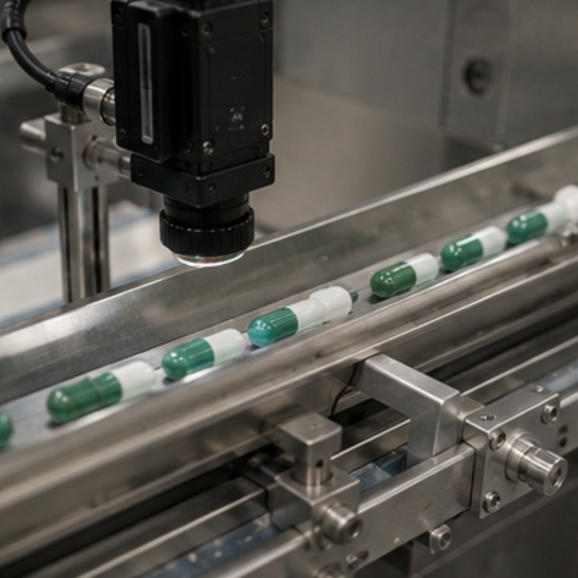 Inspección automática de cápsulas farmacéuticas mediante visión artificial en una línea de producción.