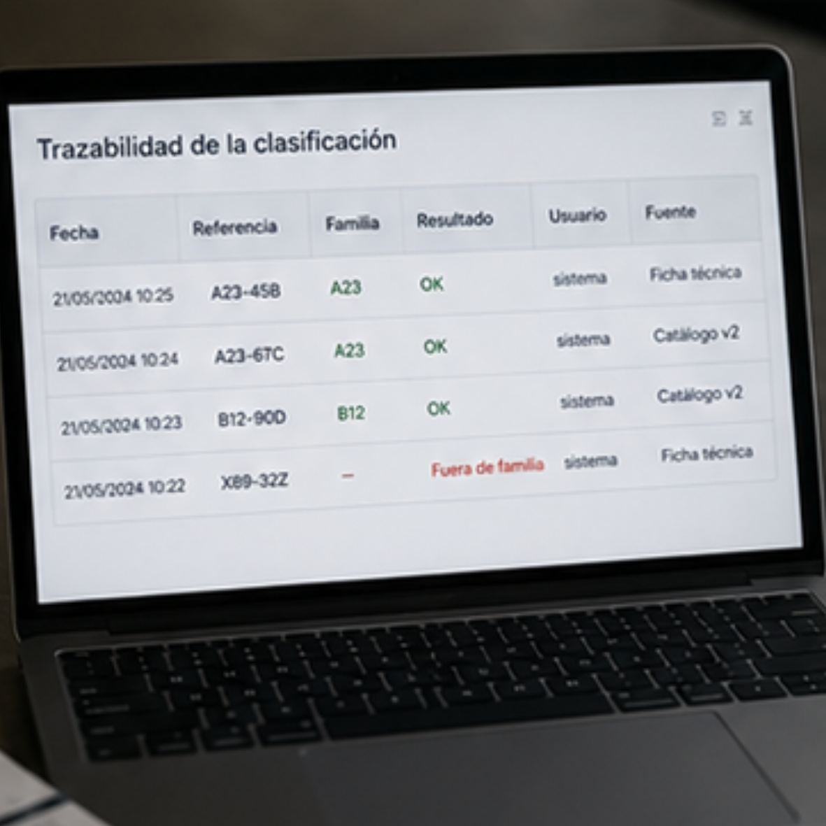Registro y trazabilidad completa de la clasificación automática de productos