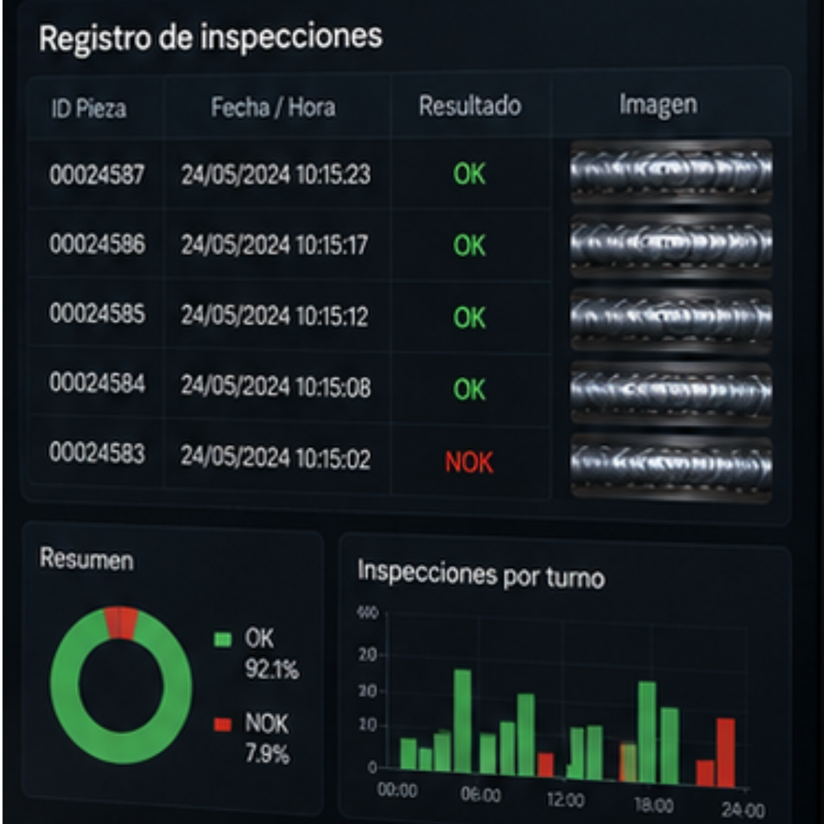 Registro histórico de inspecciones de soldaduras con resultados e imágenes para garantizar la trazabilidad del proceso.