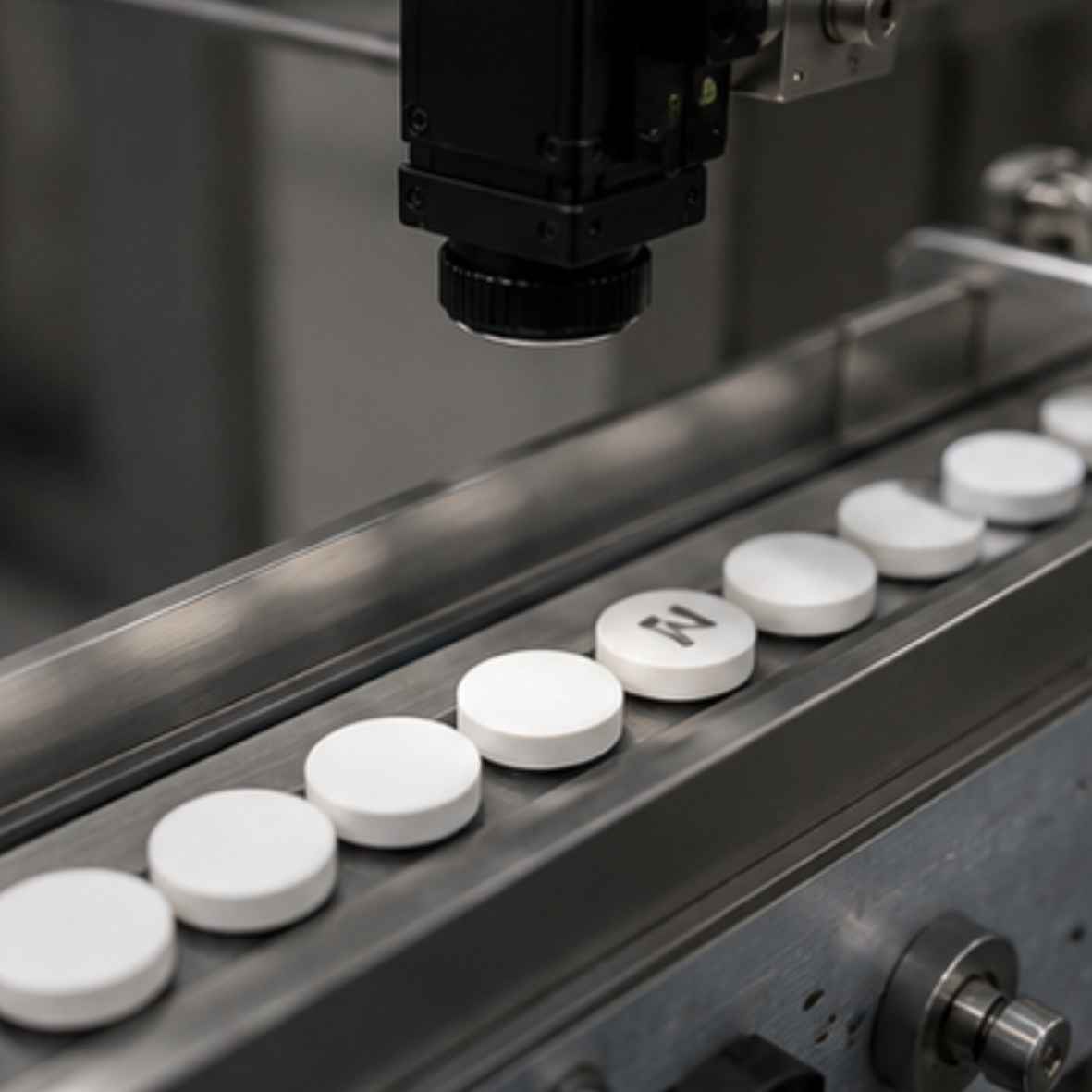 Inspección automática de comprimidos farmacéuticos mediante cámara industrial para detectar defectos durante la producción.