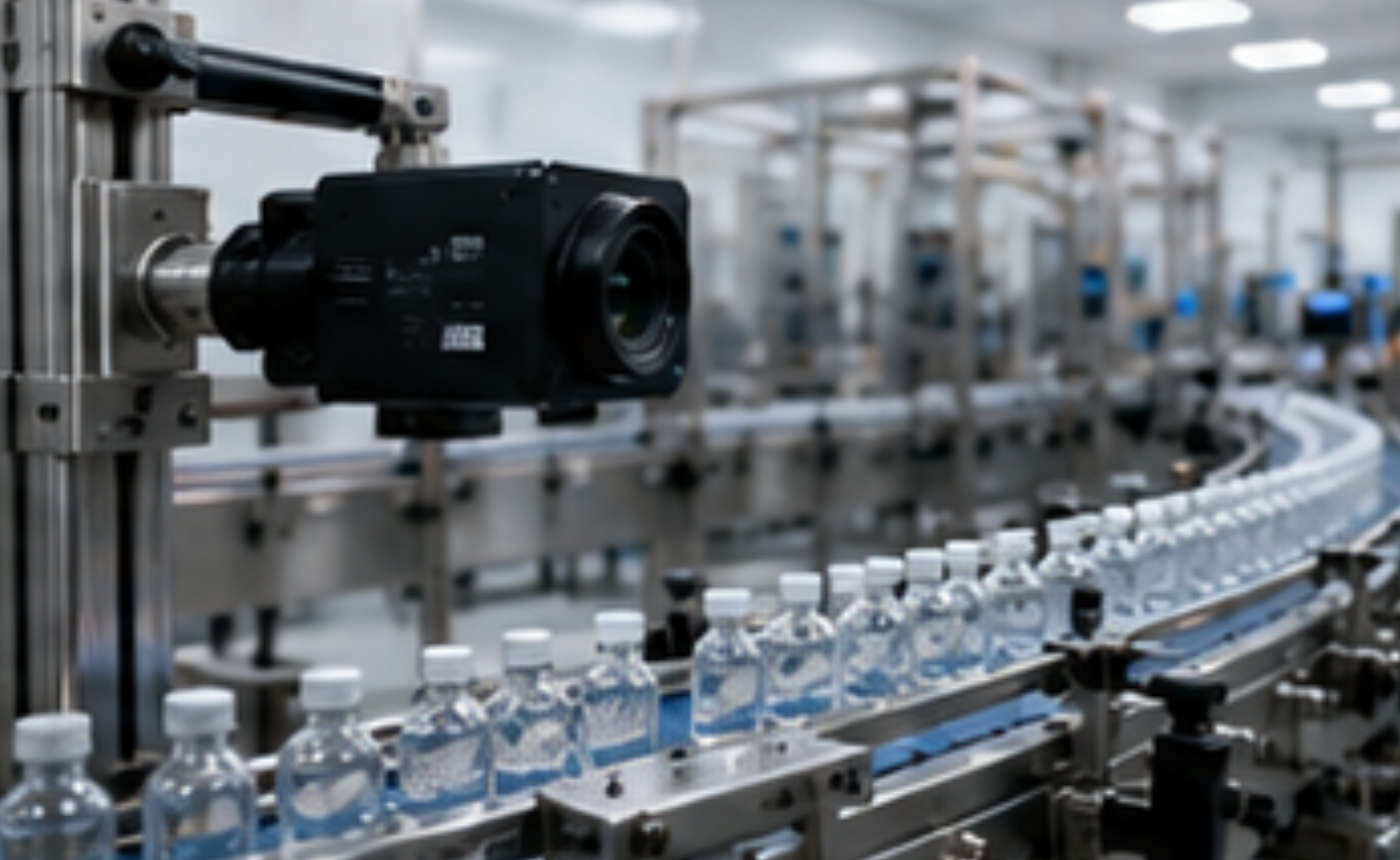 Cámaras industriales capturando el flujo de productos en una línea de producción farmacéutica