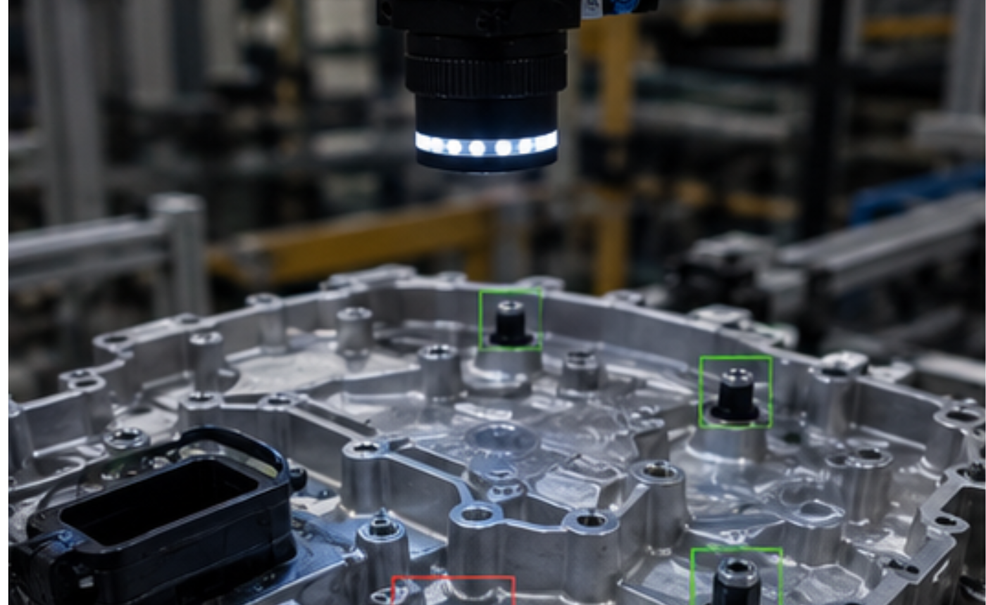 Detección automática de tornillos y elementos de fijación ausentes mediante visión artificial en una línea industrial.