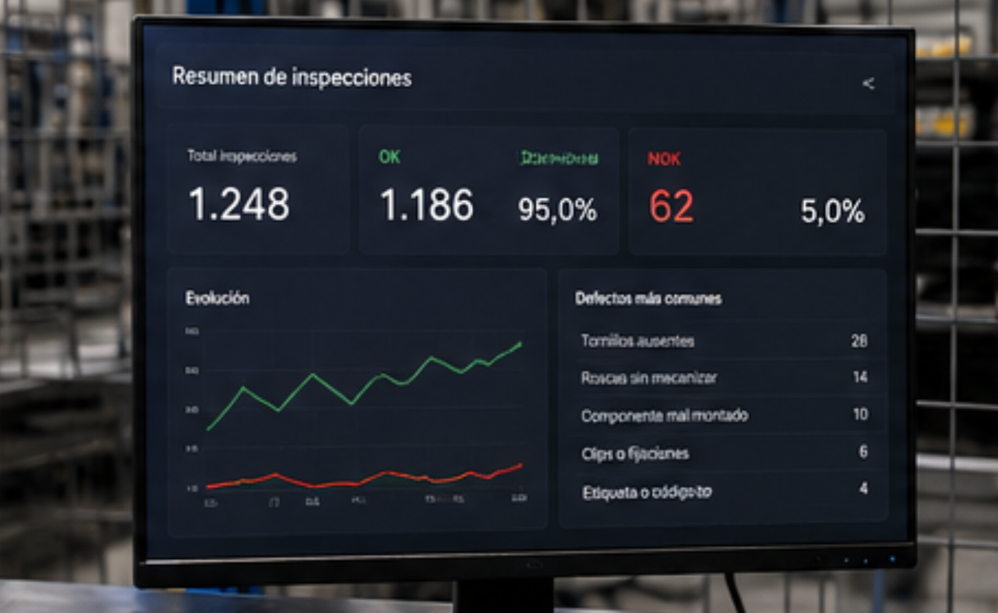 Visualización de datos de inspección y resultados de control de calidad de piezas ensambladas en producción.