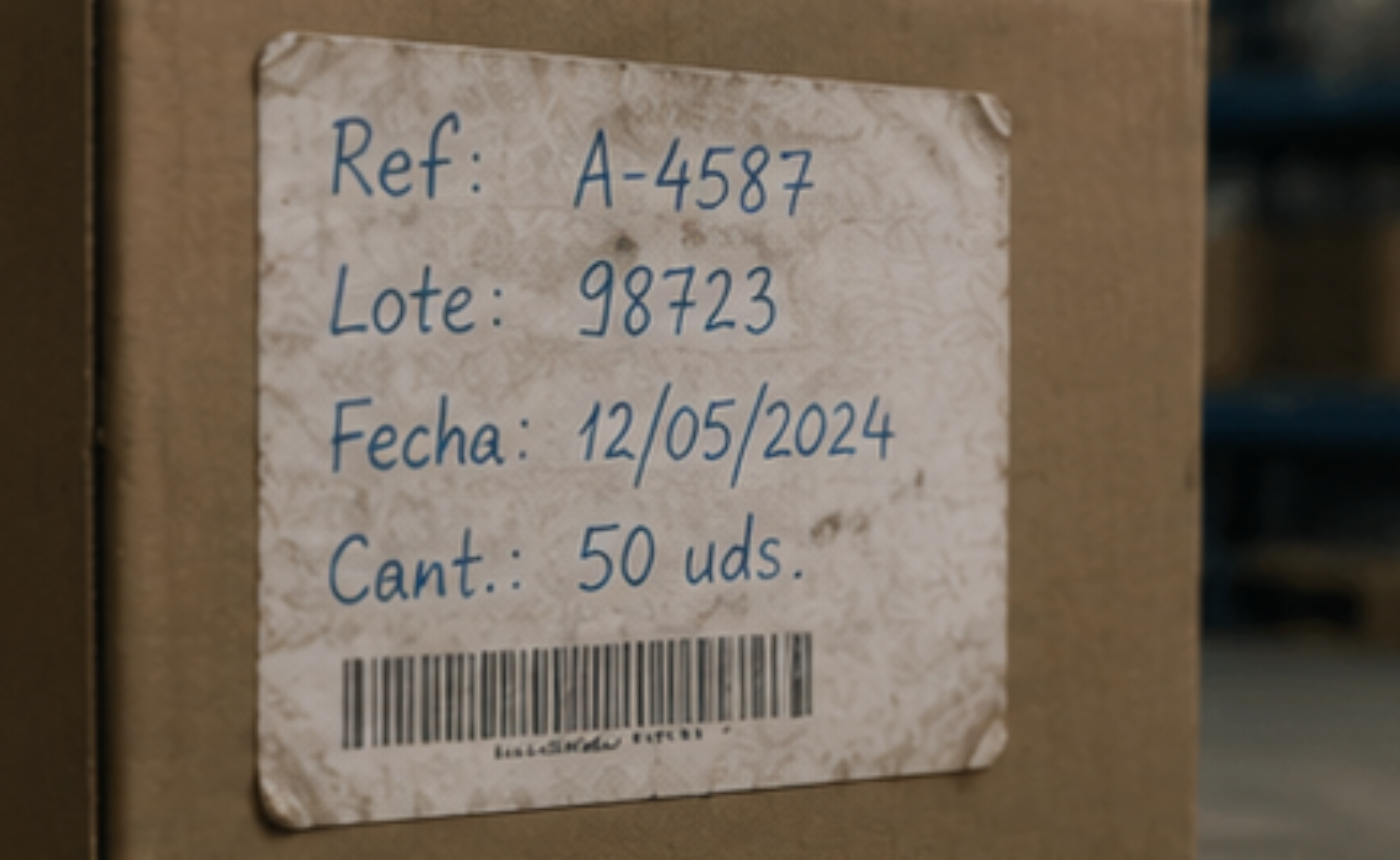 Información no estructurada en etiquetas industriales con texto impreso y manuscrito