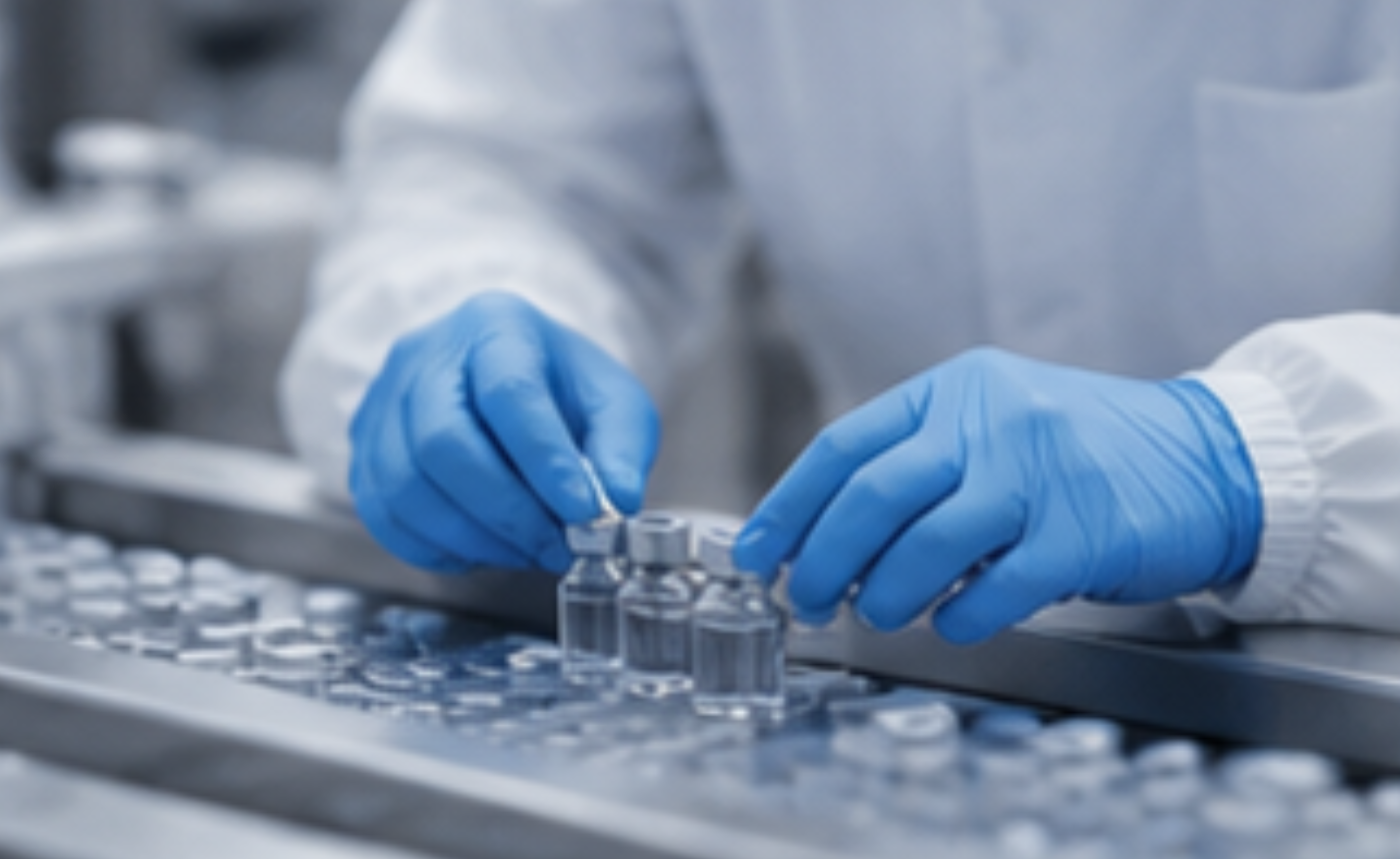Operario realizando una inspección visual manual de productos farmacéuticos en una línea de producción.