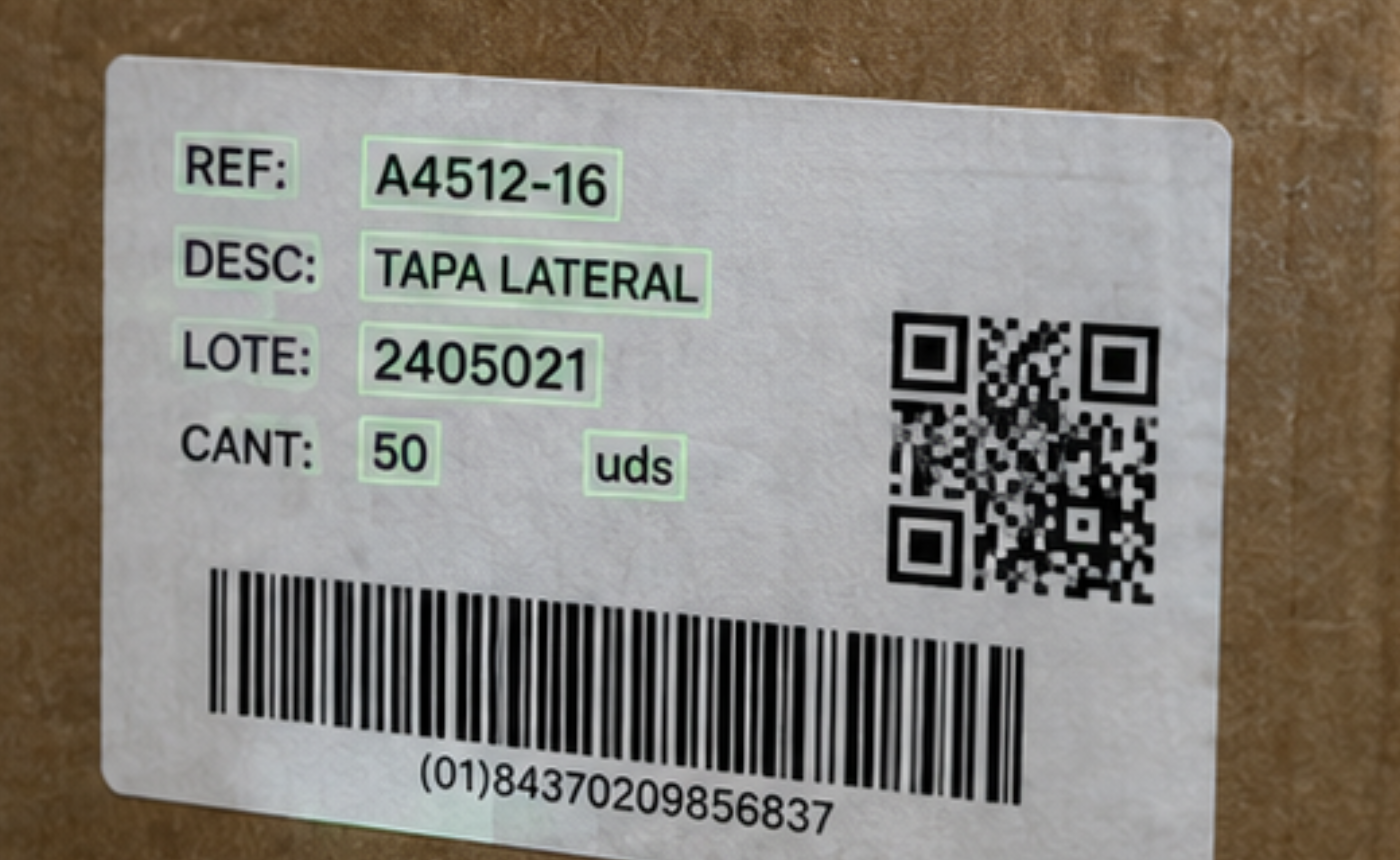 Lectura OCR de texto, códigos QR y códigos de barras en una etiqueta industrial