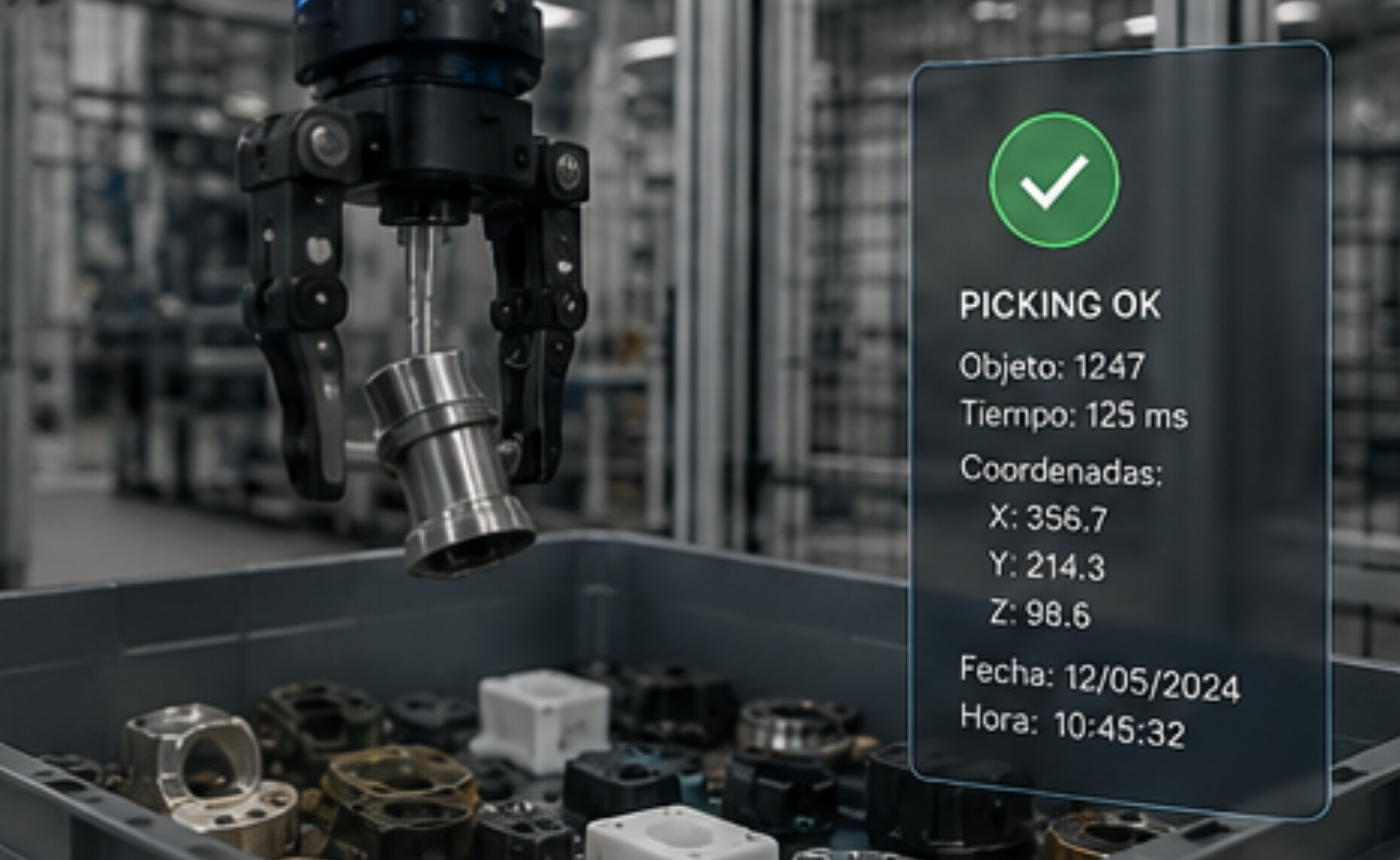 Robot industrial ejecutando Bin Picking con trazabilidad del proceso