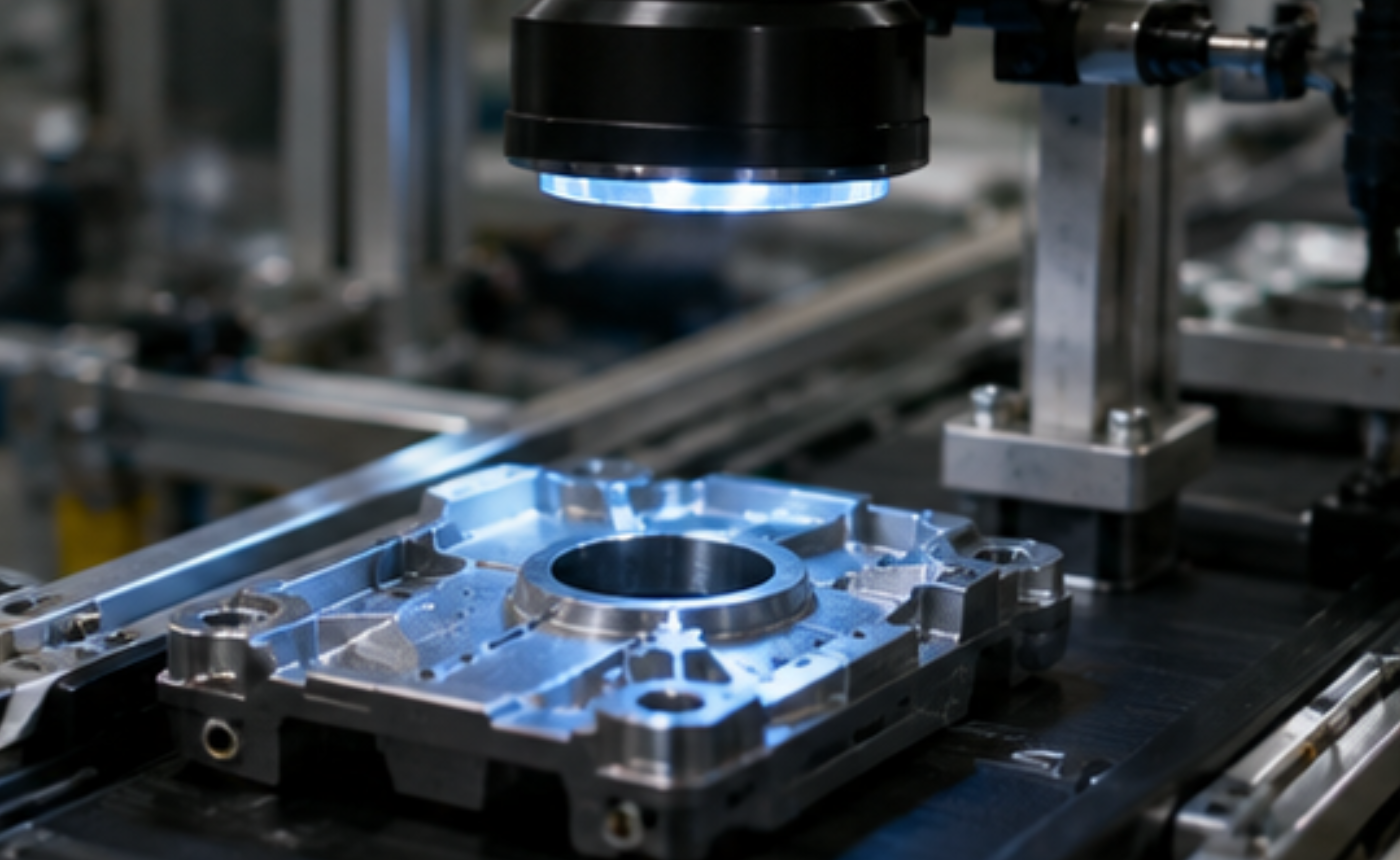 Cámara de visión artificial inspeccionando en tiempo real la superficie de una pieza metálica durante la producción.