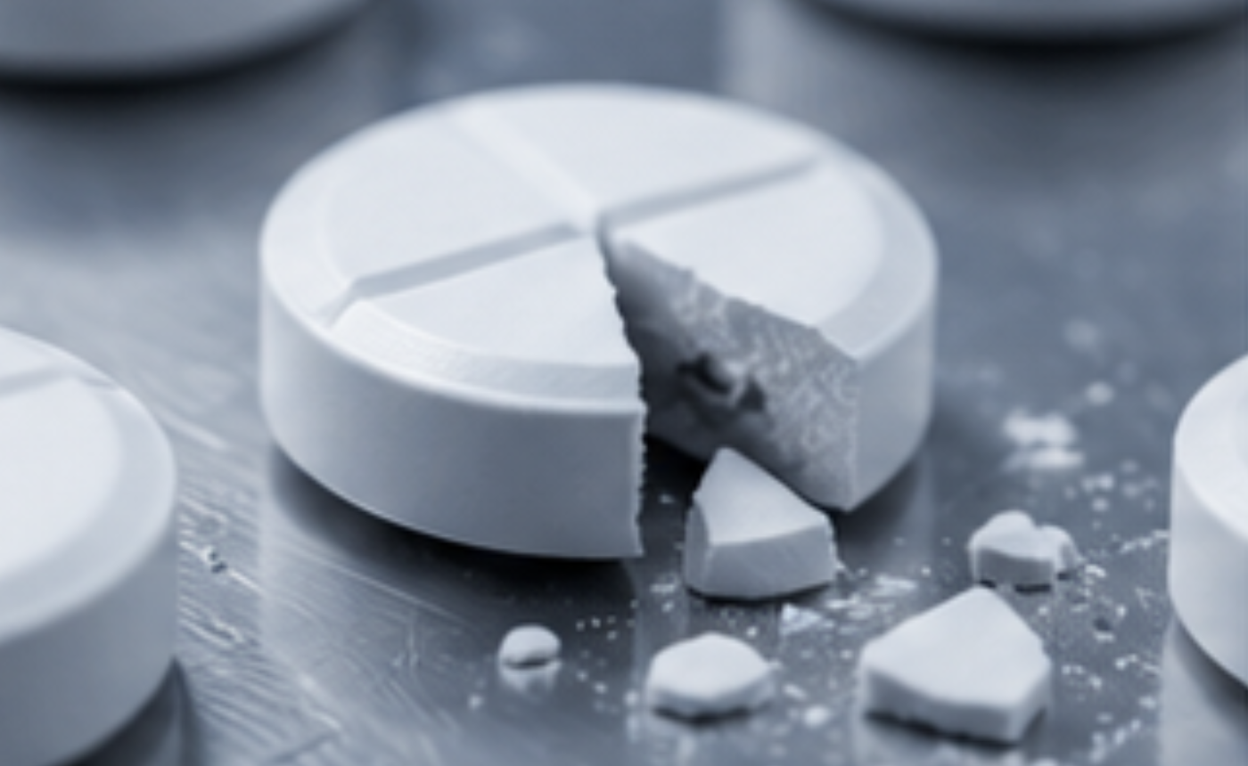 Comprimido farmacéutico con grietas y roturas inspeccionado mediante visión artificial para el control de calidad.