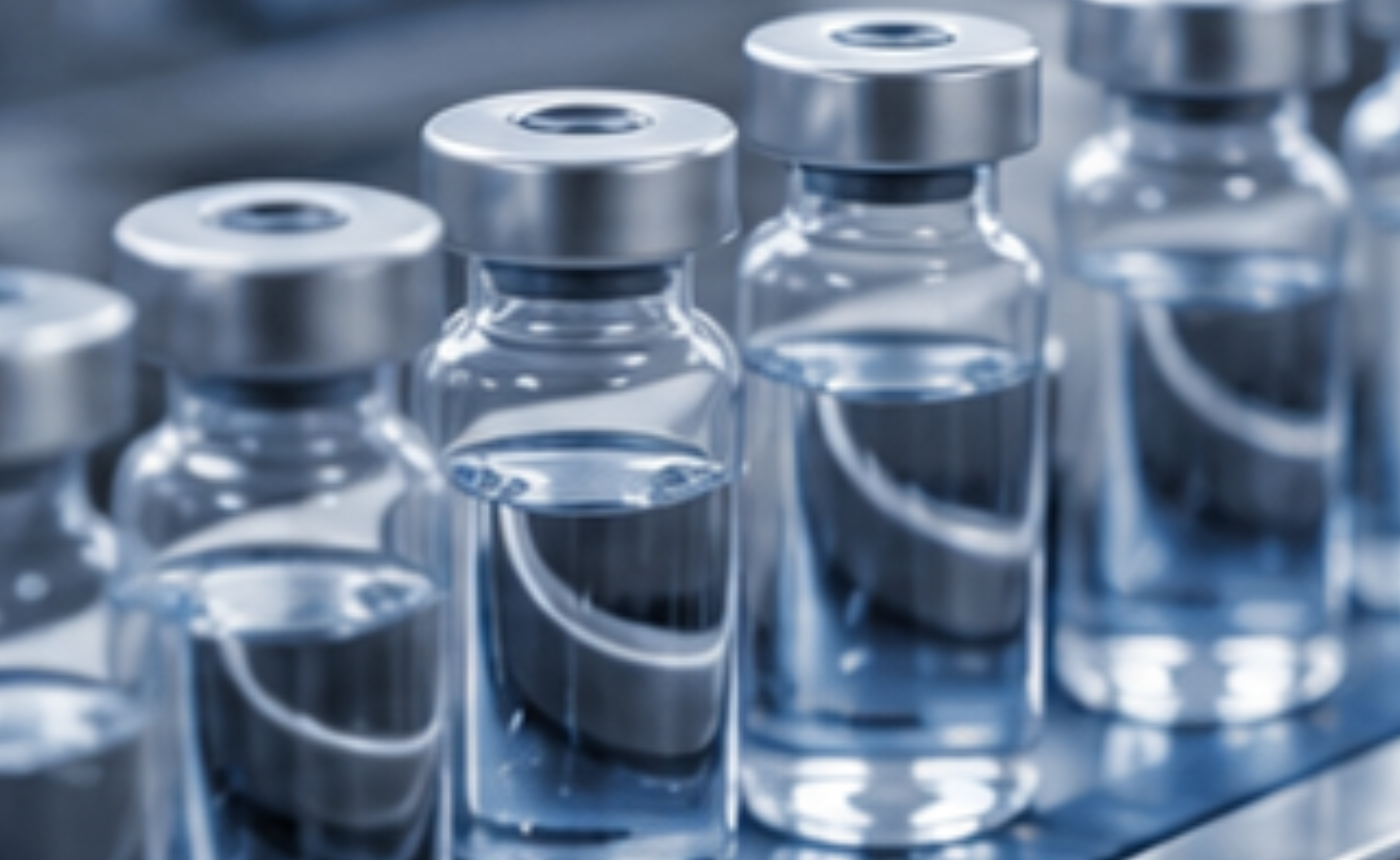 Viales farmacéuticos alineados para verificar diferencias de tamaño, forma y apariencia entre unidades de producción.