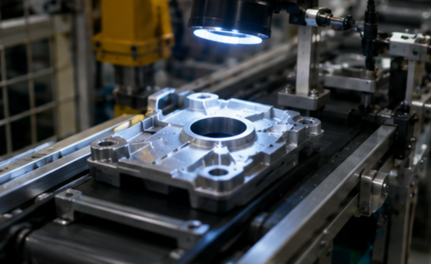 Cámara industrial capturando imágenes de piezas metálicas en una línea de producción para inspección automática de superficies.
