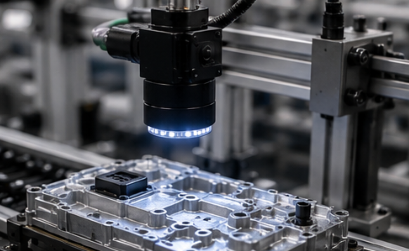 Captura de imágenes de piezas ensambladas mediante cámara industrial para verificar su estado antes de continuar la producción.